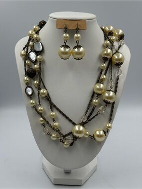 Long Faux Pearl and Beaded Necklace with Earrings Vintage Vibes Wrap Costume